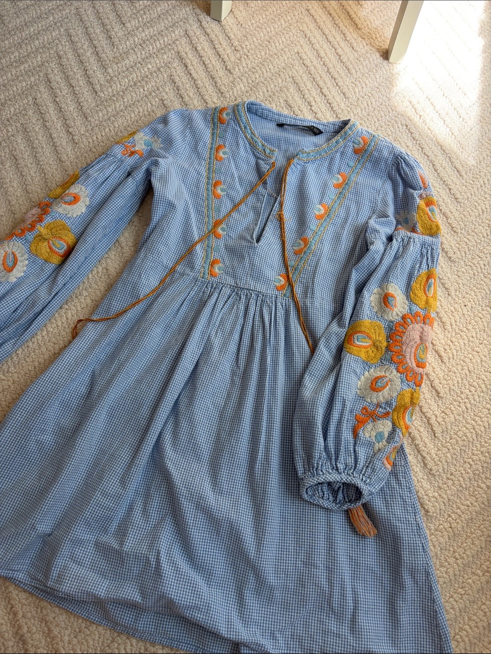 Zara Light Blue Embroidered Boho Dress with Yellow & Orange Accents